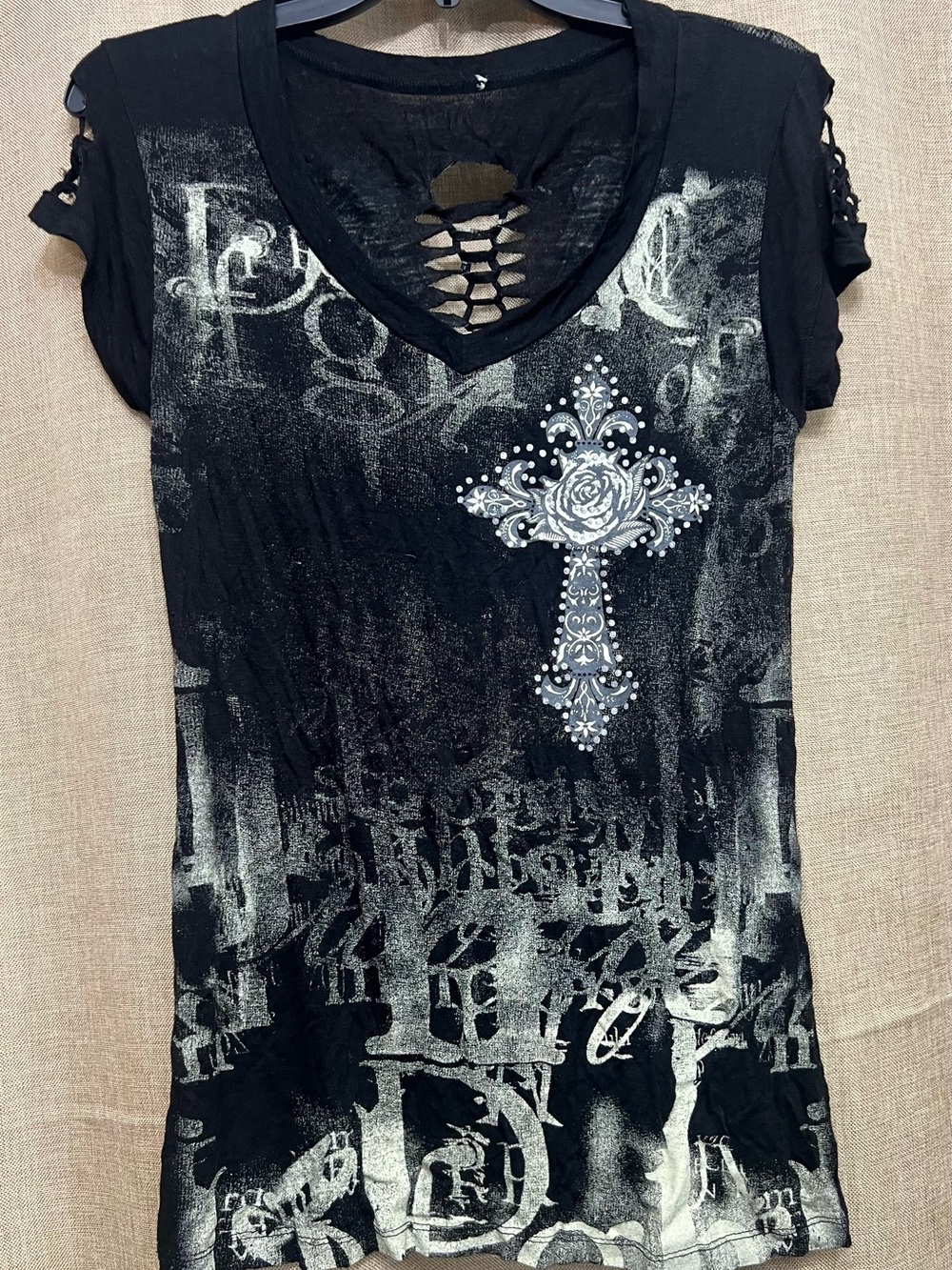 Y2K Black Graphic Cross V-Neck Women's Top Fashion